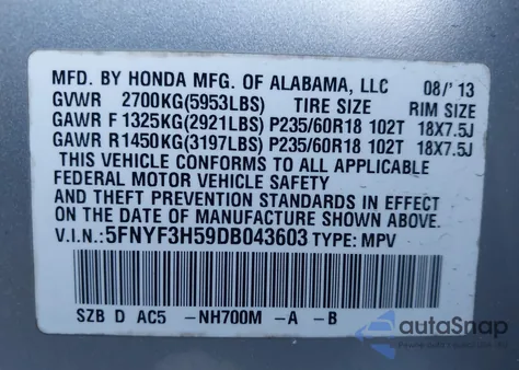2013 Honda Pilot Ex-L from USA, damaged, VIN 5FNYF3H59DB043603